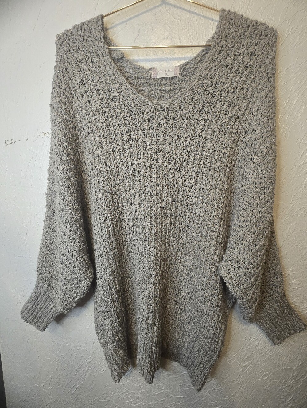 Altar’d State Gray Chunky Knit Sweater Medium Oversized Boho Open Weave Pullover